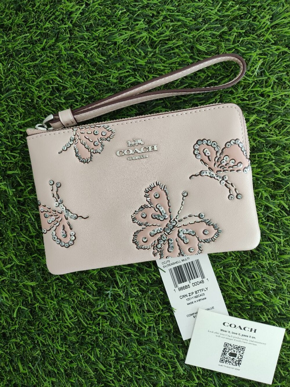 NWT Coach Corner Zip Wristlet with Butterfly Print in Seashell (Pink)